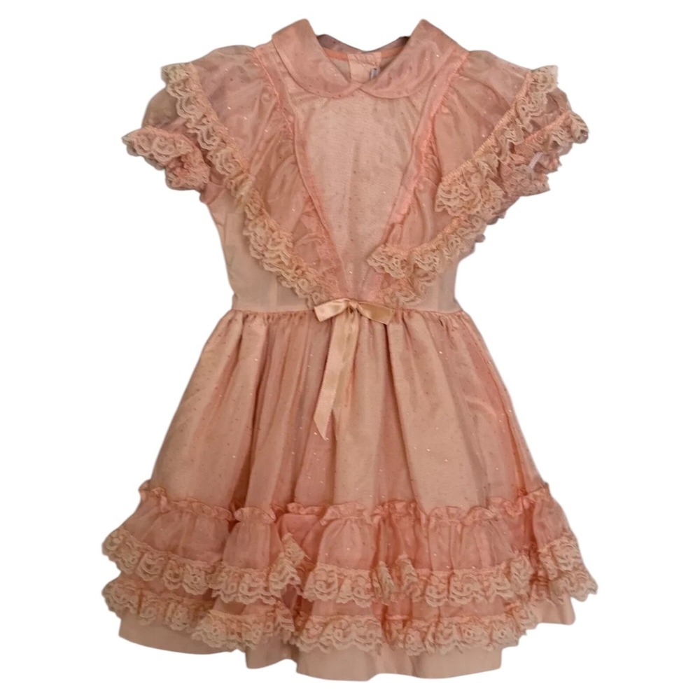 VTG Betty Oden Polka Dots Dress Ruffles Lace Girls Size6x Orange USA Made